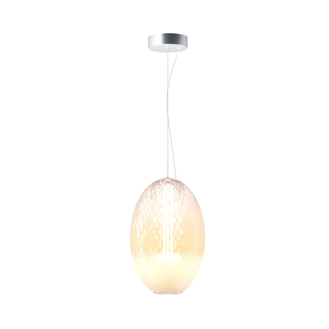 Maytoni Bruma 250mm LED pendant light with an egg-shaped amber and cream textured glass diffuser suspended from a chrome canopy on a plain white background.