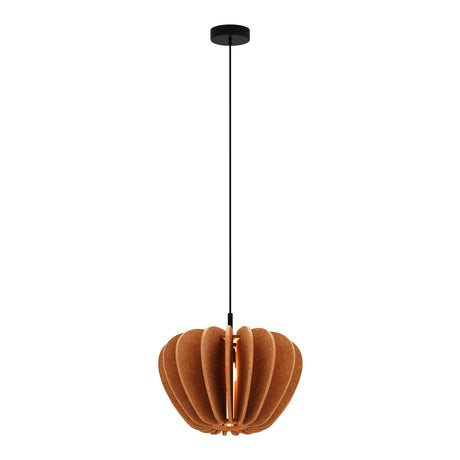 Maytoni Cambio pendant light with a layered cork veneer shade in natural brown, suspended from a black cable and canopy on a plain background.