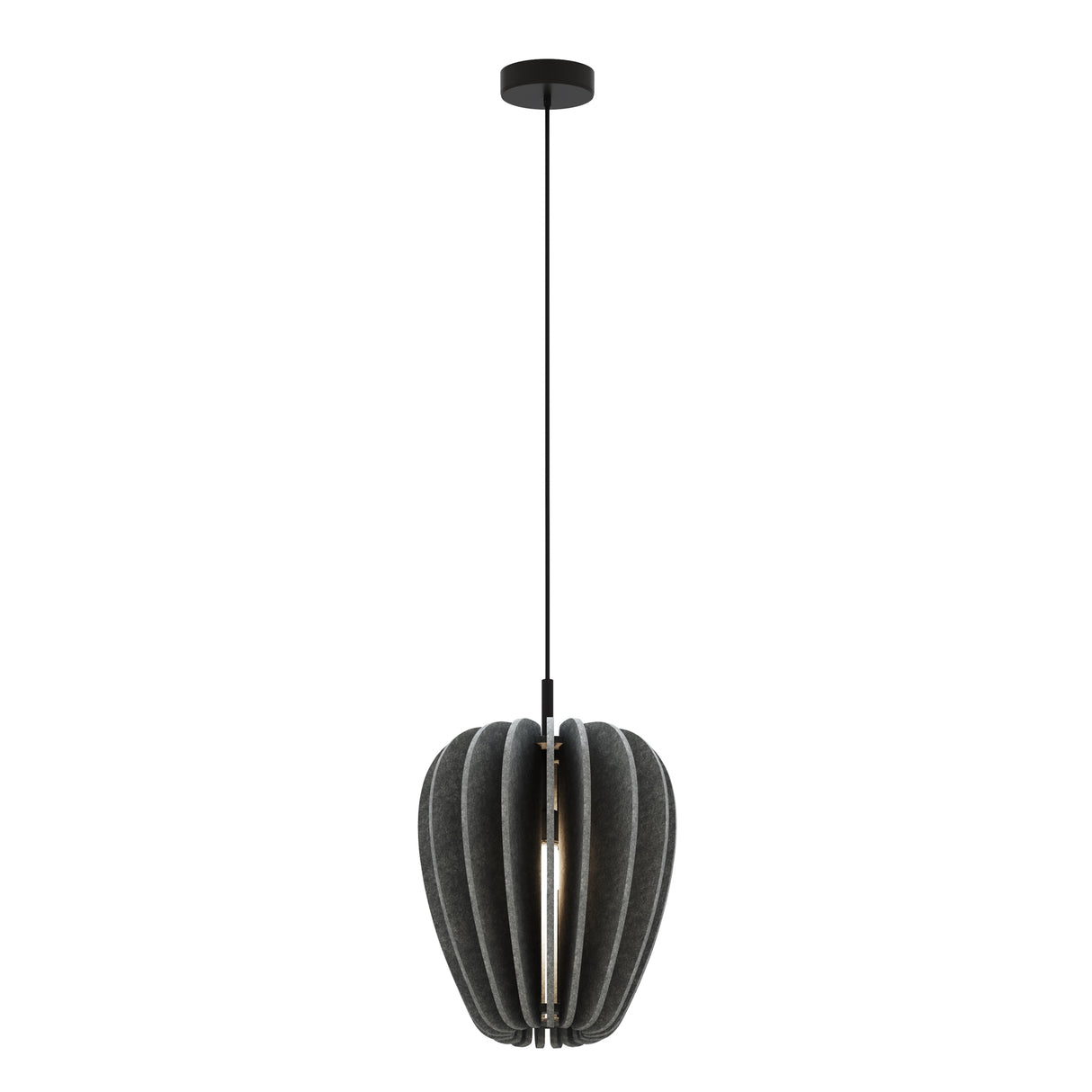 Maytoni Cambio pendant light with dark grey vertical felt blades forming an elliptical shade, suspended on a black cable from a black ceiling rose.