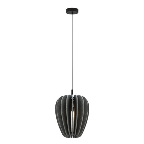 Maytoni Cambio pendant light with dark grey vertical felt blades forming an elliptical shade, suspended on a black cable from a black ceiling rose.