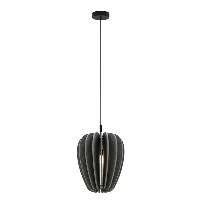 Maytoni Cambio pendant light with dark grey vertical felt blades forming an elliptical shade, suspended on a black cable from a black ceiling rose.