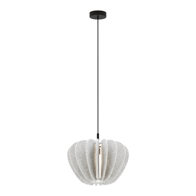 Maytoni Cambio pendant light with a spherical layered grey fabric shade, black metal canopy and cable, shown against a plain white background.
