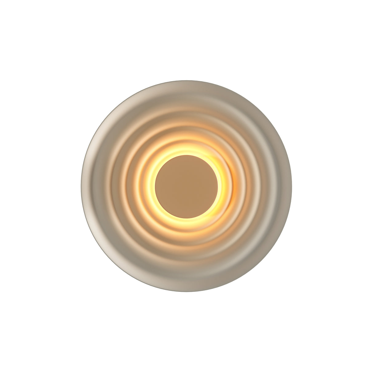 Maytoni Nami LED wall light with concentric ringed circular housing in grey, illuminated centre casting a warm halo, shown on a plain white background.