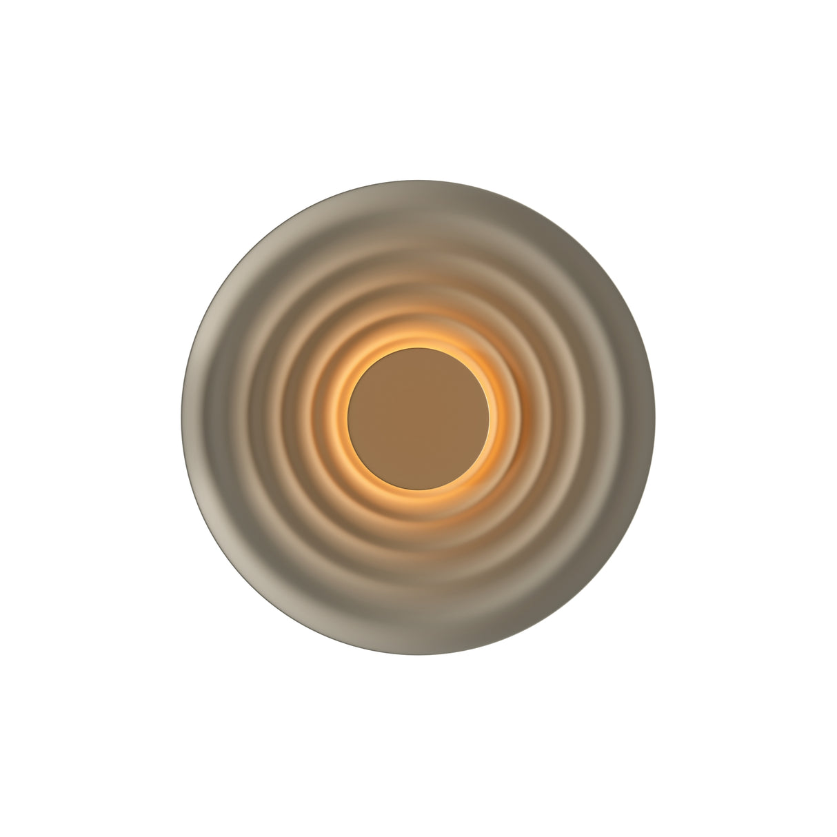 Maytoni Nami Wood LED wall light in khaki, circular sconce with concentric rings radiating from a central warm-lit aperture, on a white background.