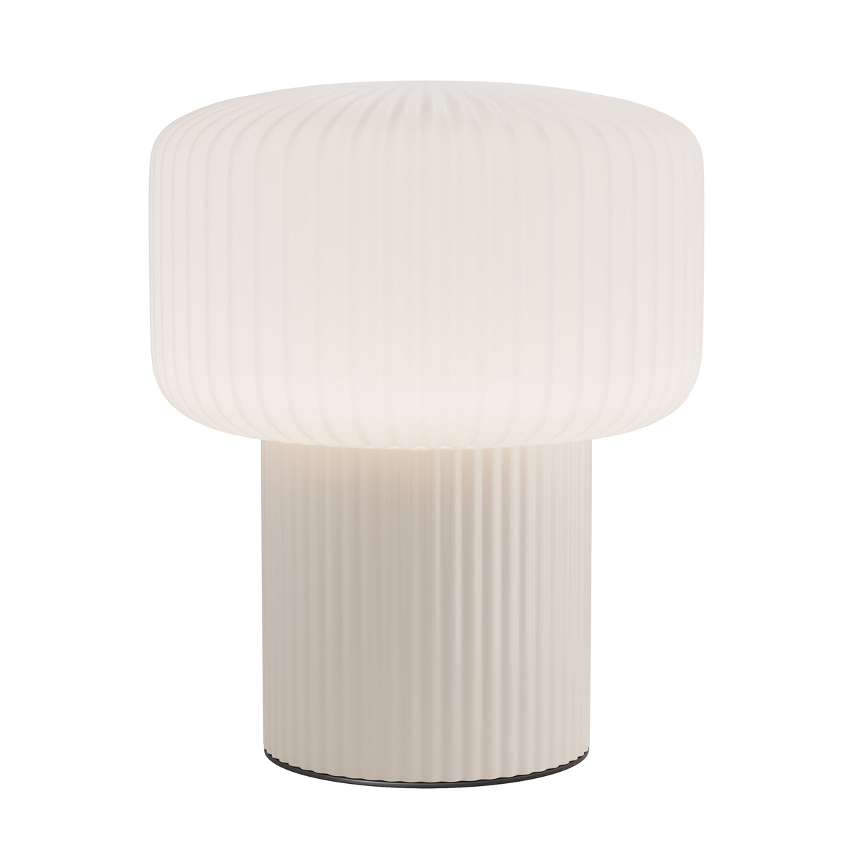 Maytoni Omaggio beige ceramic table lamp with fluted cylindrical base and ribbed drum shade, shown against a plain white background.