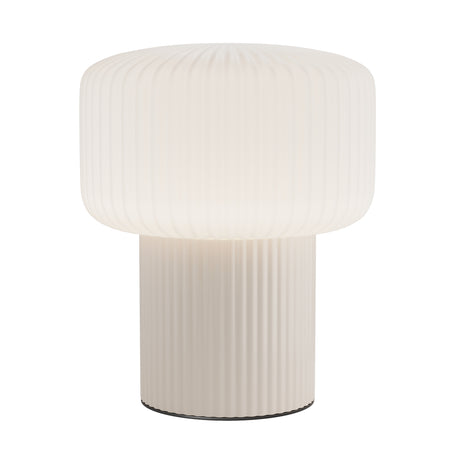 Maytoni Omaggio beige ceramic table lamp with fluted cylindrical base and ribbed drum shade, shown against a plain white background.