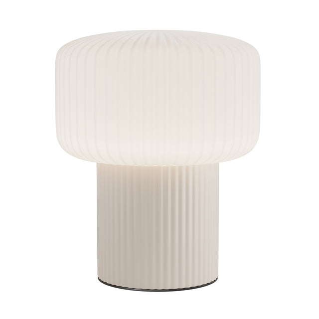 Maytoni Omaggio beige ceramic table lamp with fluted cylindrical base and ribbed drum shade, shown against a plain white background.