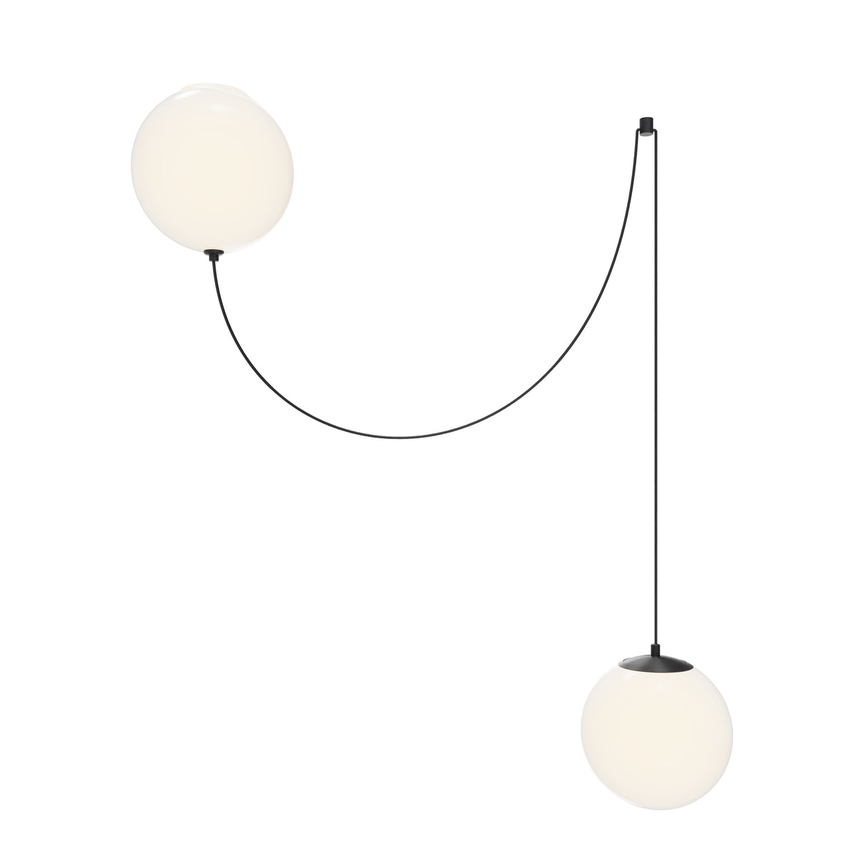 Maytoni Twins LED pendant light with two opal white glass globes on adjustable black cables from a shared ceiling rose, on a white background.