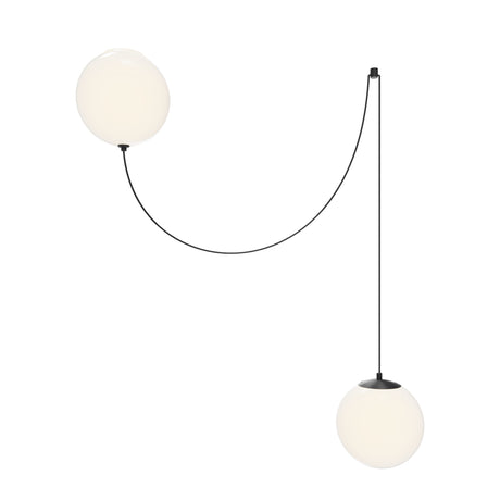 Maytoni Twins LED pendant light with two opal glass globes on adjustable black cables from a shared black ceiling rose, on a white background.
