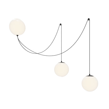Maytoni Twins 3-light LED pendant with opal glass globes on adjustable black fabric cables from a shared ceiling canopy.