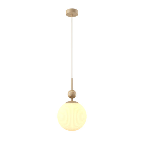 Maytoni TAVO pendant light with a ribbed beige glass globe shade, natural travertine stone accent on the drop rod, and beige metal canopy.