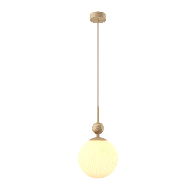 Maytoni TAVO pendant light with a ribbed beige glass globe shade, natural travertine stone accent on the drop rod, and beige metal canopy.