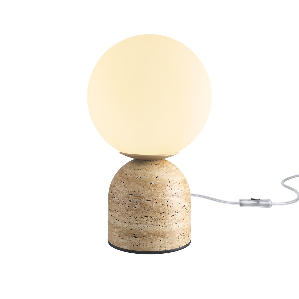 Maytoni TAVO Travertine Table Lamp in beige with opal glass globe shade on a textured natural stone cylindrical base and inline switch cable.