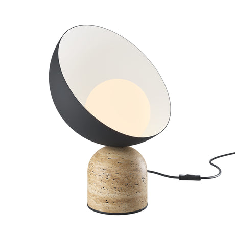 Maytoni TAVO travertine LED table lamp with a tilting matt black domed shade, white interior, G9 bulb and inline cable switch, on white.