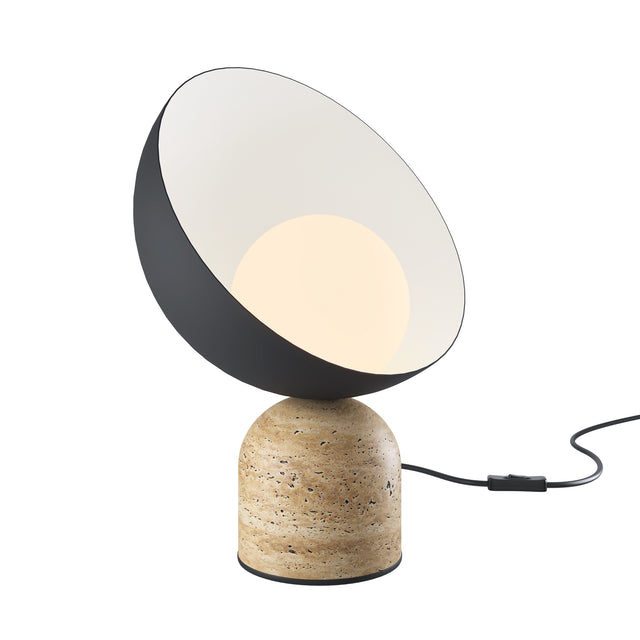 Maytoni TAVO Travertine table lamp with a tilting matt black curved disc shade, white interior and natural stone cylinder base, on a white background.
