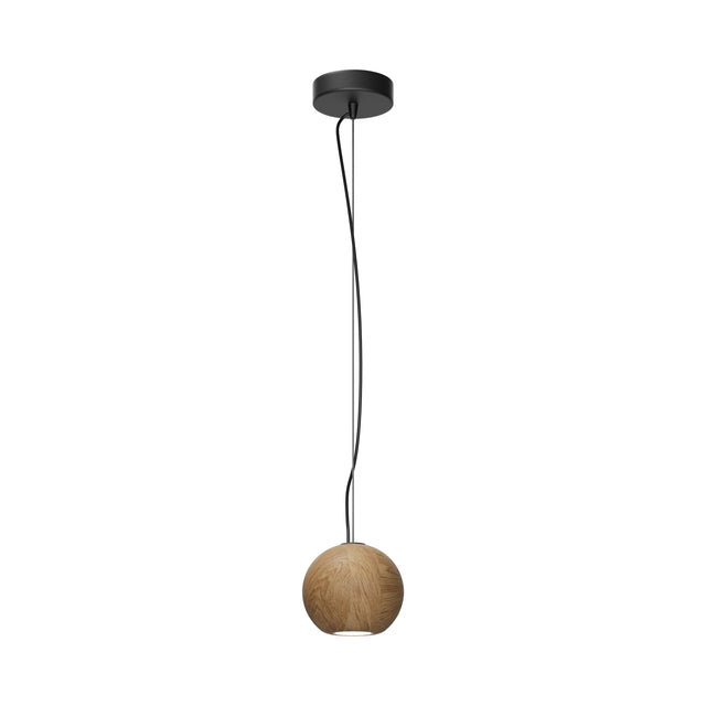 Maytoni Basic Texture Wood Pendant Light in black with a natural wood grain sphere shade and matt black canopy and cable, on a white background.