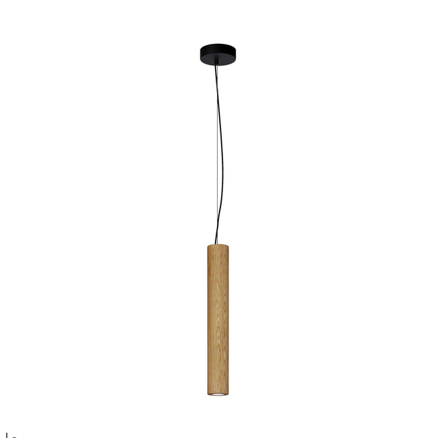 Maytoni Basic Texture Wood LED pendant light with a slim cylindrical oak-grain metal shade, black canopy and cable, shown on a white background.