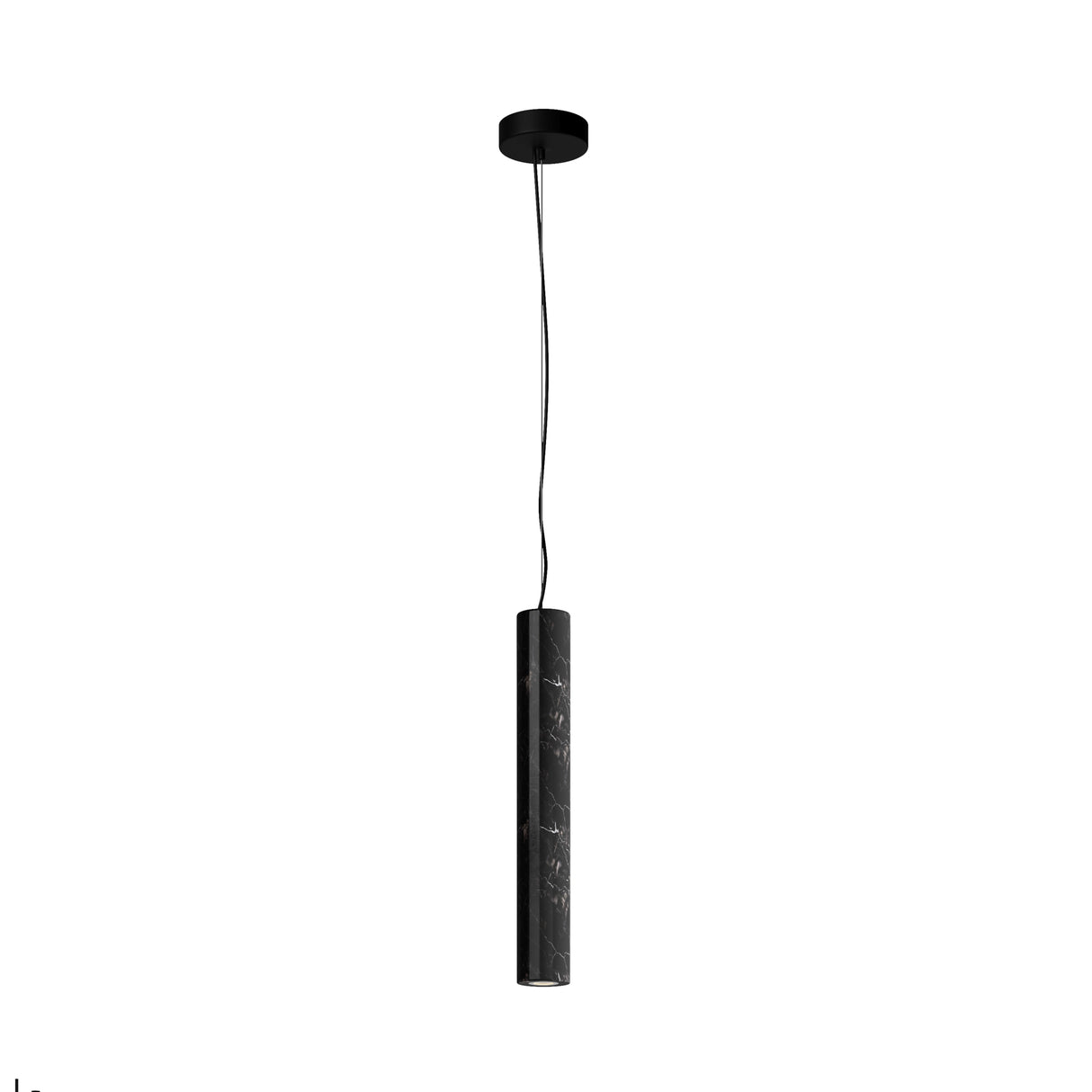 Maytoni Basic Texture cylindrical LED pendant light in black marble-effect metal with a slim canopy and cable, shown on a plain white background.