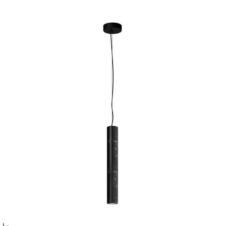 Maytoni Basic Texture cylindrical LED pendant light in black marble-effect metal with a slim canopy and cable, shown on a plain white background.