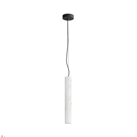 Maytoni Basic Texture Marble LED pendant light with a slim white marble cylindrical shade on a black fabric cable and matt black canopy.