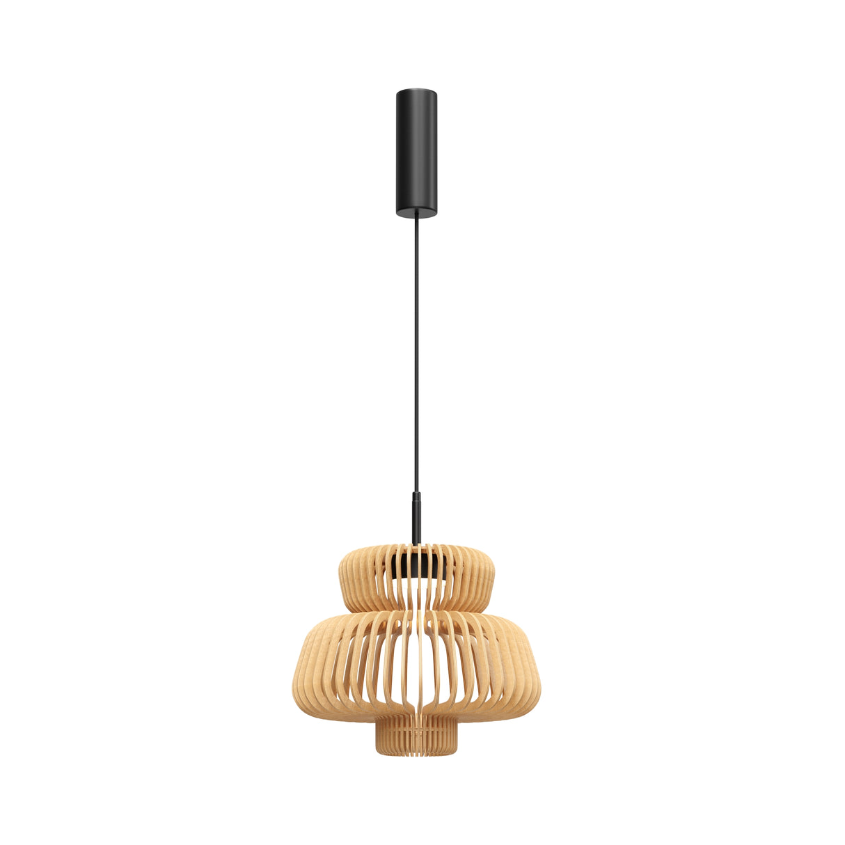 Maytoni Namiki 350mm LED pendant light with tiered natural birch wood slat shade and matt black cylindrical canopy on a slim cord.
