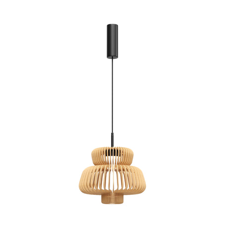 Maytoni Namiki 350mm LED pendant light with tiered natural birch wood slat shade and matt black cylindrical canopy on a slim cord.