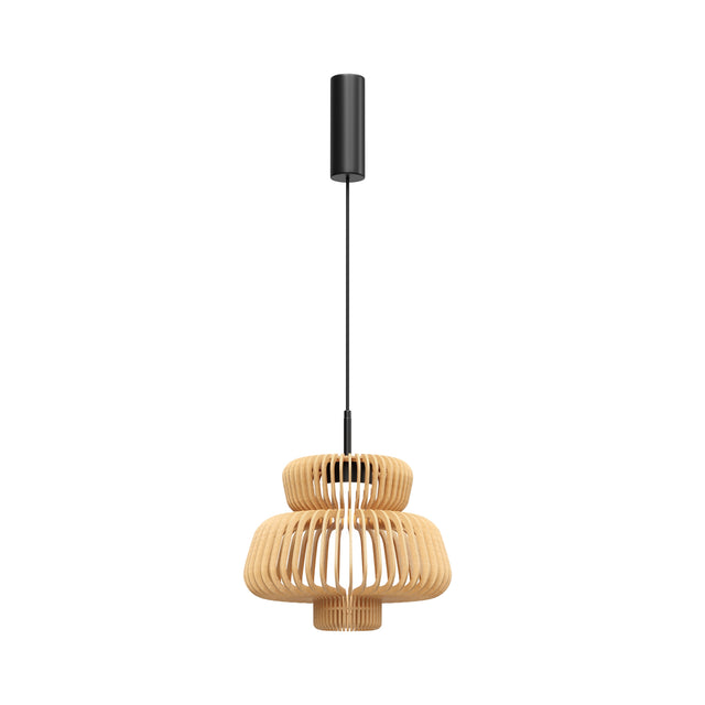 Maytoni Namiki 350mm LED pendant light with tiered natural birch wood slat shade and matt black cylindrical canopy on a slim cord.