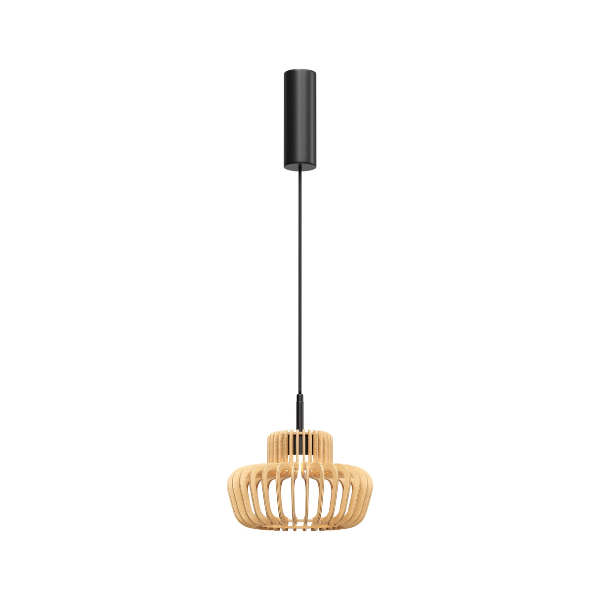 Maytoni Namiki 265mm LED pendant light with tiered birch wood slat cage and matt black cylindrical canopy on cable suspension, shown on a white background.