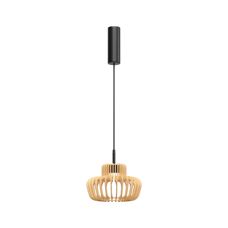 Maytoni Namiki 265mm LED pendant light with tiered birch wood slat cage and matt black cylindrical canopy on cable suspension, shown on a white background.