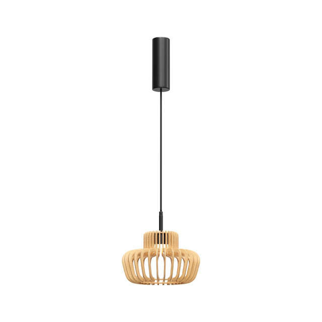 Maytoni Namiki 265mm LED pendant light with tiered birch wood slat cage and matt black cylindrical canopy on cable suspension, shown on a white background.