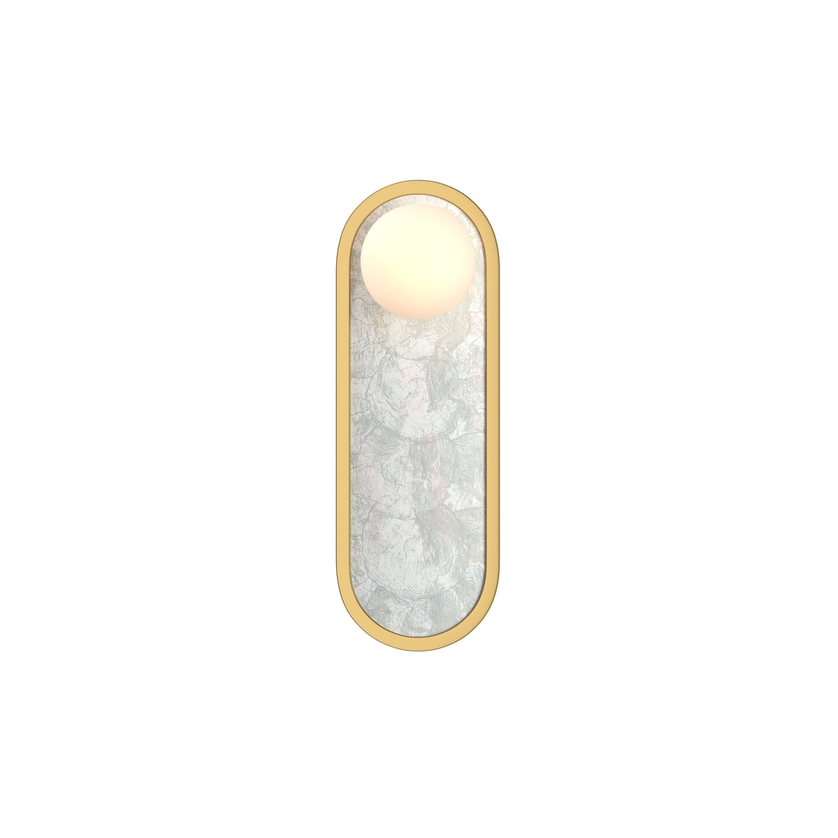 Maytoni Perlamour Ring 330mm LED wall light with brass pill-shaped frame, frosted diffuser panel and glowing globe, shown on a plain white background.