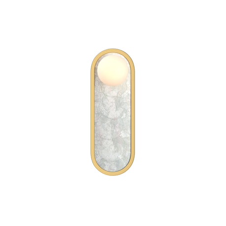 Maytoni Perlamour Ring 330mm LED wall light with brass pill-shaped frame, frosted diffuser panel and glowing globe, shown on a plain white background.