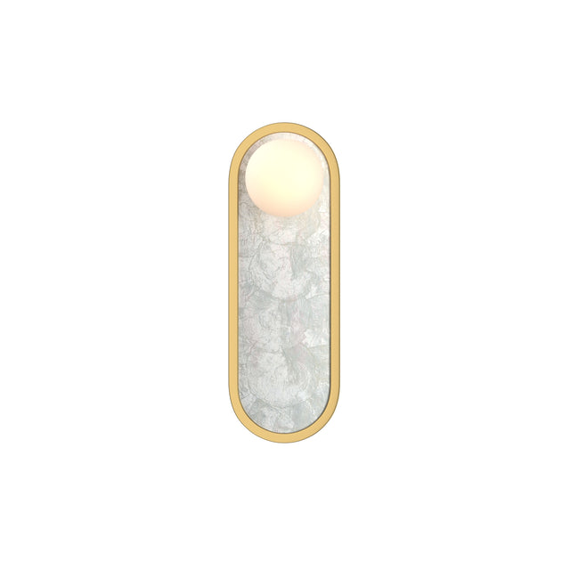 Maytoni Perlamour Ring 330mm LED wall light with brass pill-shaped frame, frosted diffuser panel and glowing globe, shown on a plain white background.