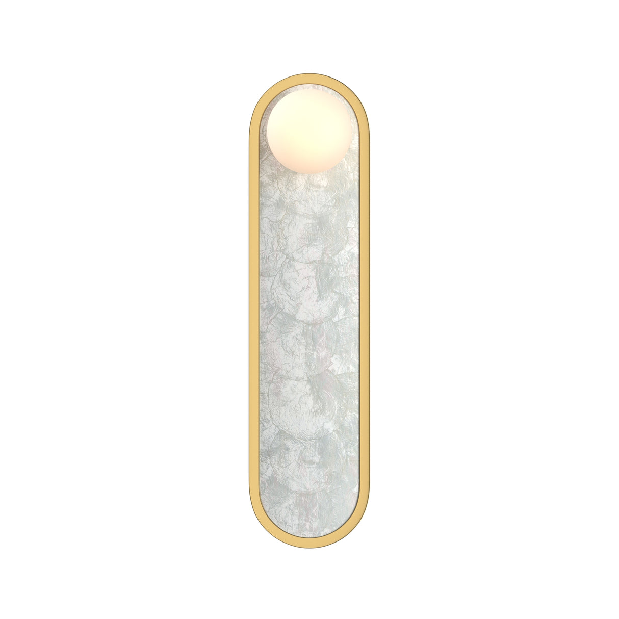 Maytoni Perlamour 450mm pill-shaped LED wall light with brushed brass frame, frosted diffuser panel, and integrated globe light at the top.