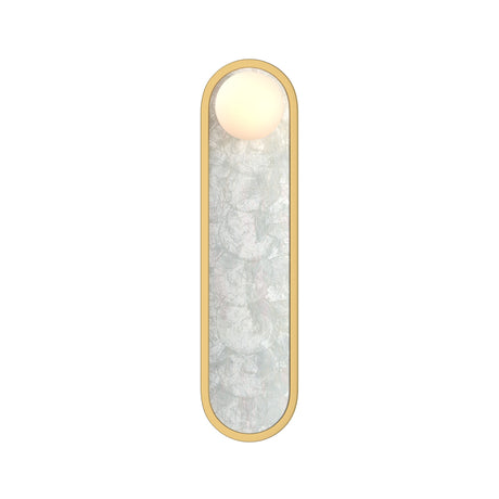 Maytoni Perlamour 450mm pill-shaped LED wall light with brushed brass frame, frosted diffuser panel, and integrated globe light at the top.
