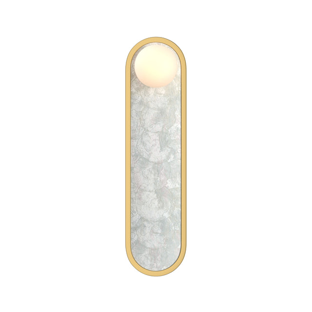 Maytoni Perlamour 450mm pill-shaped LED wall light with brushed brass frame, frosted diffuser panel, and integrated globe light at the top.