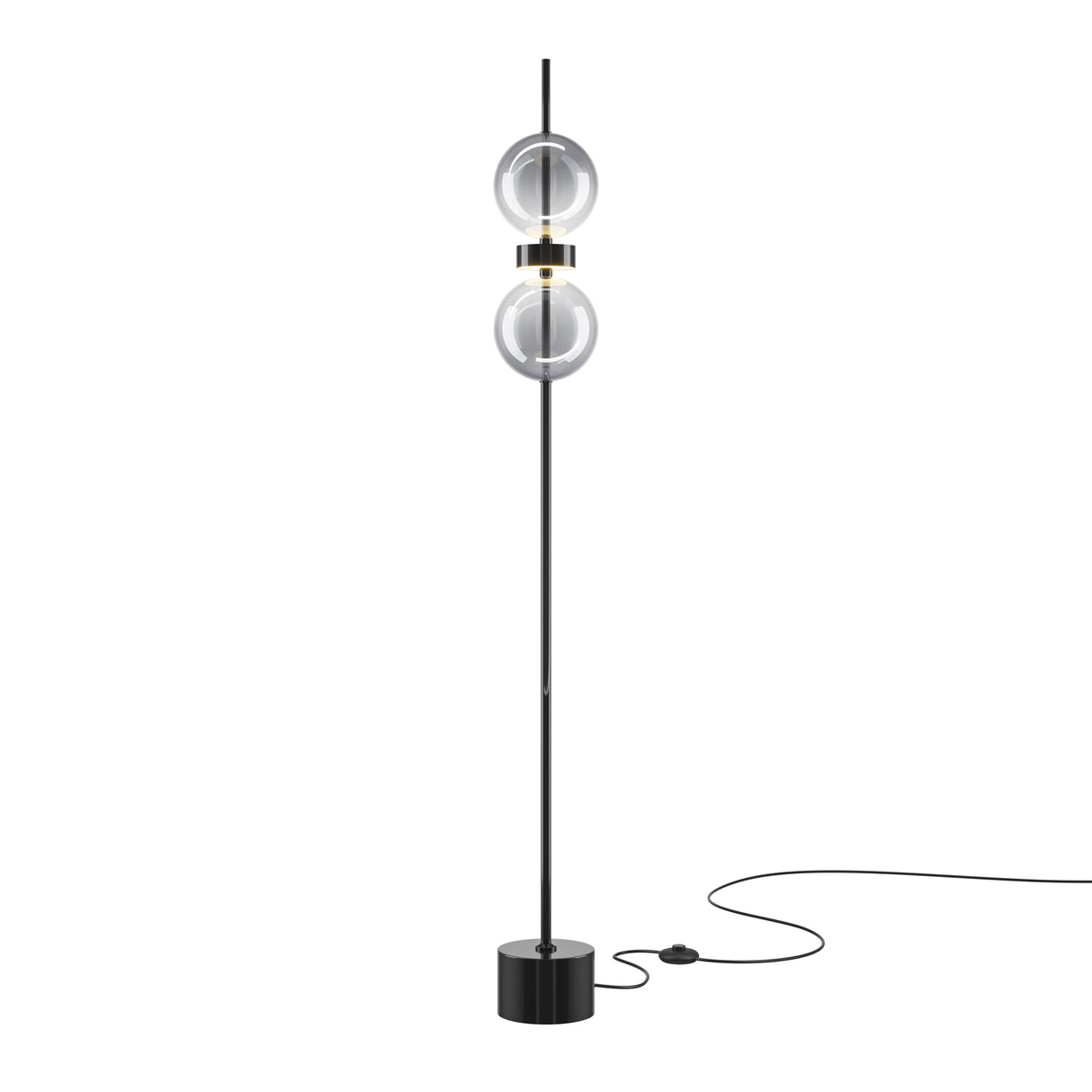 Maytoni Double Moon Ring LED floor lamp in black with two stacked smoked glass globes, brass-tone collars, and a cylindrical base with inline foot switch.
