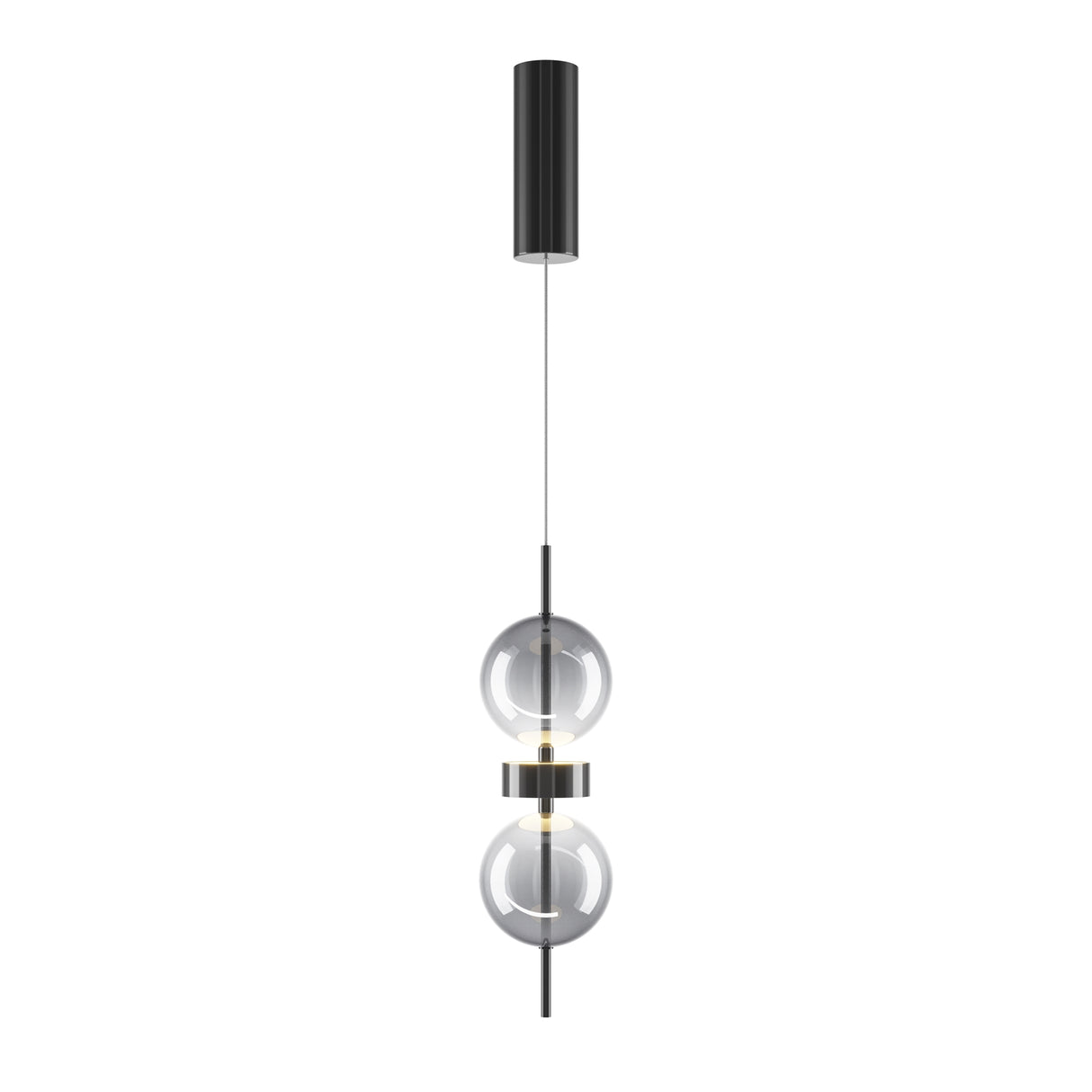 Maytoni Double Moon LED pendant light with two stacked clear glass spheres on a matt black metal spine and cylindrical ceiling rose.