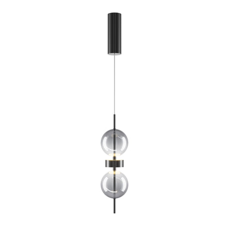 Maytoni Double Moon LED pendant light with two stacked clear glass spheres on a matt black metal spine and cylindrical ceiling rose.