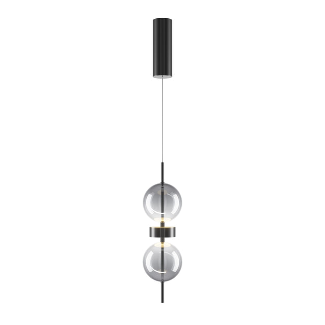 Maytoni Double Moon LED pendant light with two stacked clear glass spheres on a matt black metal spine and cylindrical ceiling rose.
