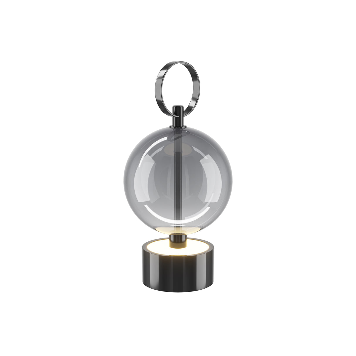 Maytoni Double Moon Ring rechargeable LED table lamp with smoked glass sphere, black metal base and loop handle, on a plain white background.