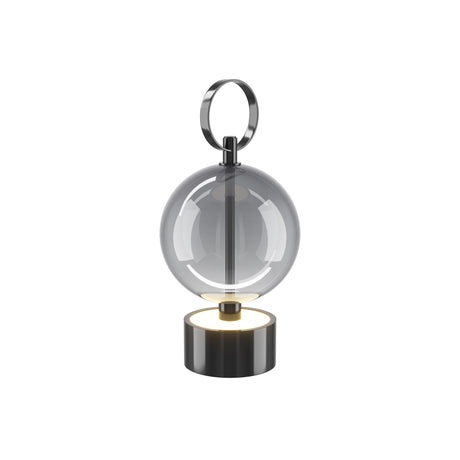 Maytoni Double Moon rechargeable LED table lamp with smoked glass sphere, black metal base and loop ring handle, on a plain white background.