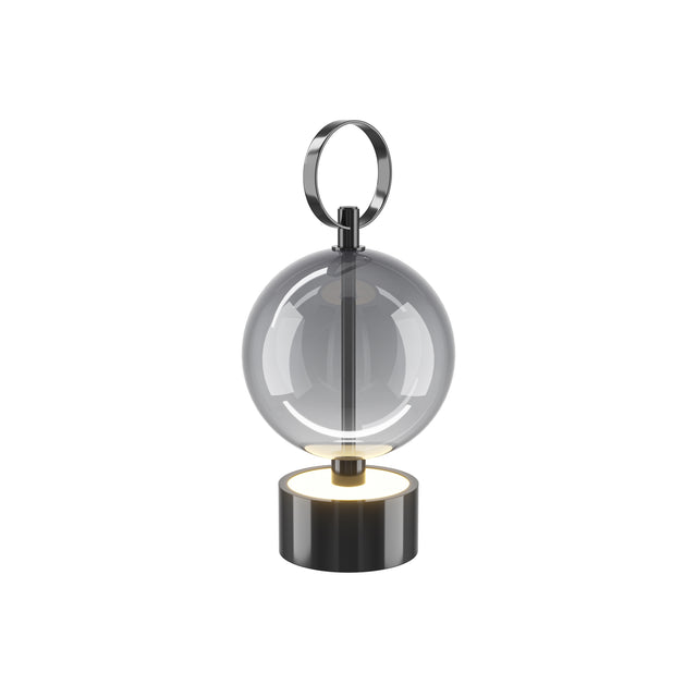 Maytoni Double Moon Ring rechargeable LED table lamp with smoked glass sphere, black metal base and loop handle, on a plain white background.