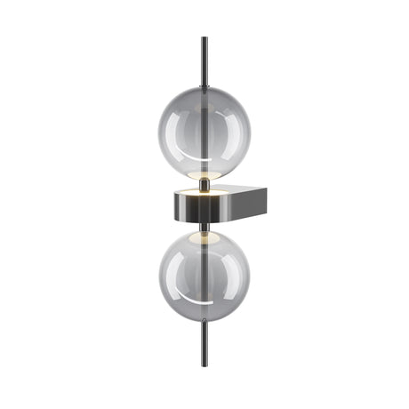 Maytoni Double Moon LED wall light with two clear glass globes above and below a polished chrome disc on a vertical black metal rod.
