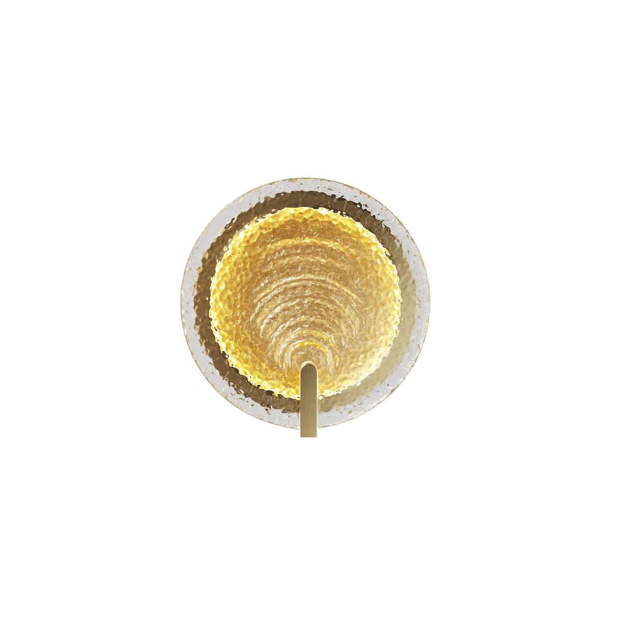 Maytoni Regatta Disc LED wall light with a circular hammered brass shade and slim brass backplate, illuminated in warm gold tones on a white background.