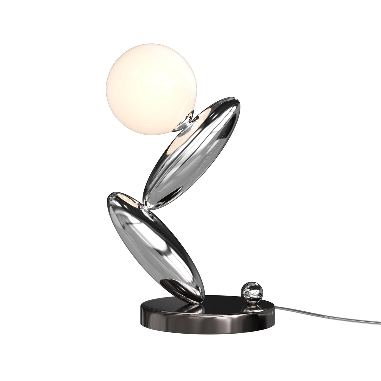 Maytoni Resonance table lamp with opal glass sphere held by polished chrome curved blades on a circular base, shown on a white background.