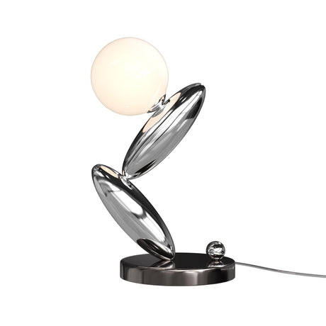 Maytoni Resonance LED table lamp with opal glass sphere resting on stacked polished chrome curved blades and a circular base, on a white background.