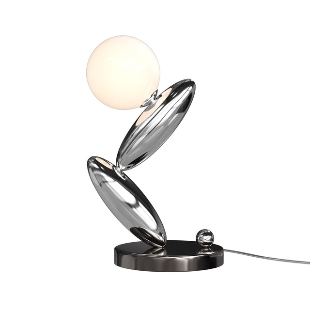 Maytoni Resonance table lamp with opal glass sphere held by polished chrome curved blades on a circular base, shown on a white background.