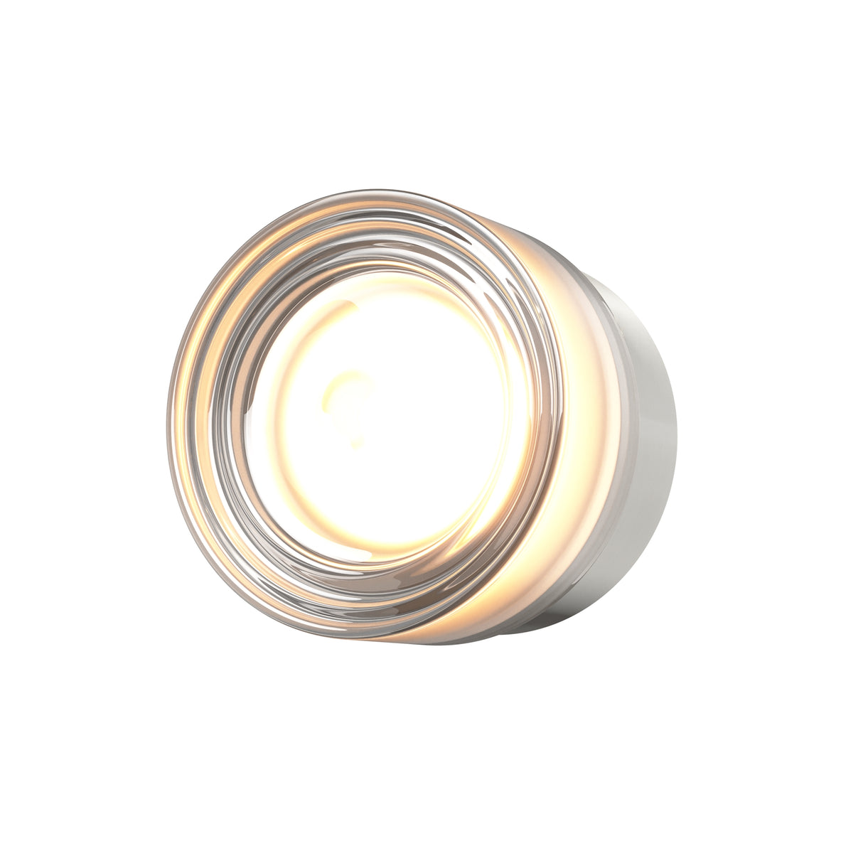 Maytoni Olo Ring LED wall light in platinum finish, illuminated concentric metal rings around a warm central glow, shown on a white background.