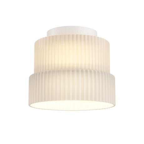Maytoni Scala two-tier cylindrical LED ceiling light with white ribbed metal shade and flush-mount canopy, shown illuminated on a plain background.